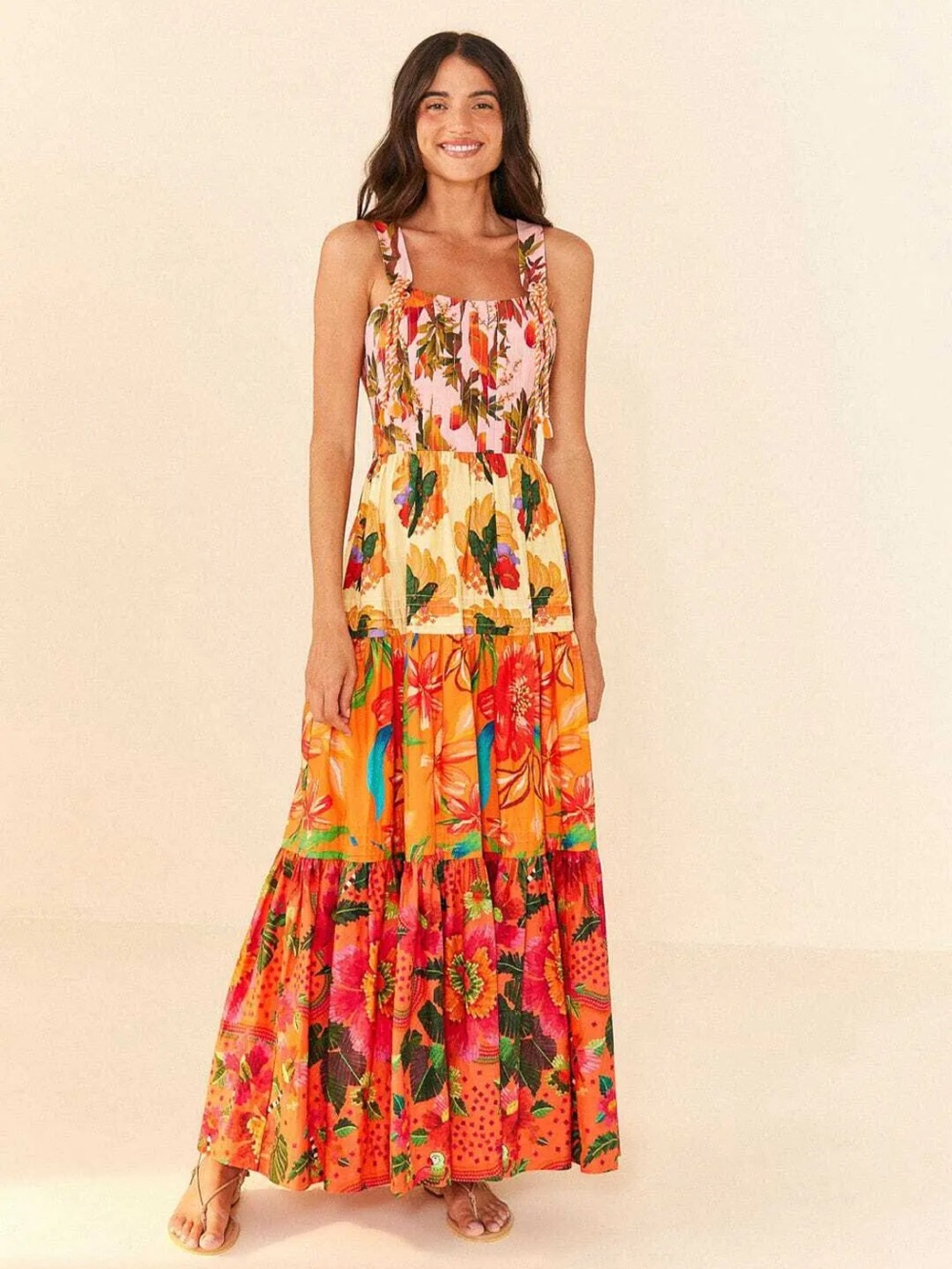 Farm Rio Mixed Warm Prints Tropical Birds Maxi Dress
